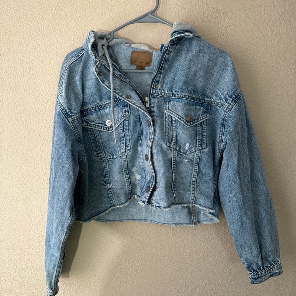 American Eagle cropped denim jacket with a hood